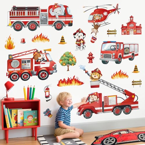 decalmile Stickers Muraux Enfant Camion de Pompiers Autocollant Mural Voiture Transport Véhicules Chantier Animaux Jungle Décoration Murale Garçon Chambre...