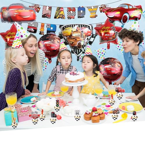 18 pièces Décoration d'anniversaire Cars, Comprend bannière, 3D Ballons en aluminium, Décoration de cupcake, Convient pour la décoration d'anniversaire des garçons – vue 5