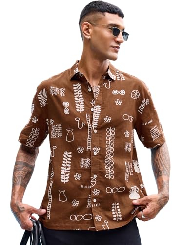 Image of Bewakoof Men's All Over Printed Oversized Fit Half Sleeve Collar Pure Cotton Shirt