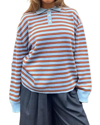 Image of Acrawnni Women Y2k Striped Oversized Polo Sweater Shirt Vintage Aesthetic Preppy Knit Long Sleeve Lapel Collar Pullover Sweatshirt Golf Rugby Sweater (A-Blue, M)