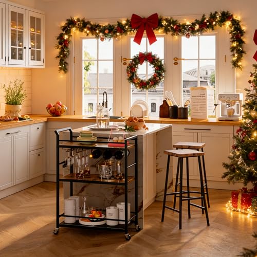 Image of 3 Tier Bar Cart, Small Beverage Cart, Mini Bar Cart with Wine Rack, Home Bar Serving Cart with Wheels for Kitchen Dining Living Room (Rustic Brown, General) GBC507R