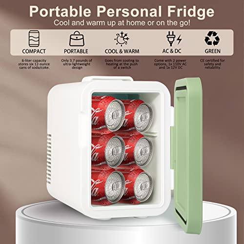 Image of Mini Skincare Fridge, 6 Liter /6 Cans Small Refrigerator Cooler Warmer 110V AC / 12V DC Personal Fridge for Bedroom, Beverage, Makeup