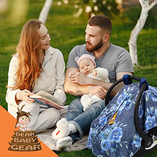 Image of Dear Baby Gear Blue Baby Car Seat Canopy + Snap Button Opening - Carseat Canopy for Daily Use - Cover for Newborn Car Seats - Stylish Nursing Cover - Floral Highland Cow, Denim Floral, 40 inch x 30 inch