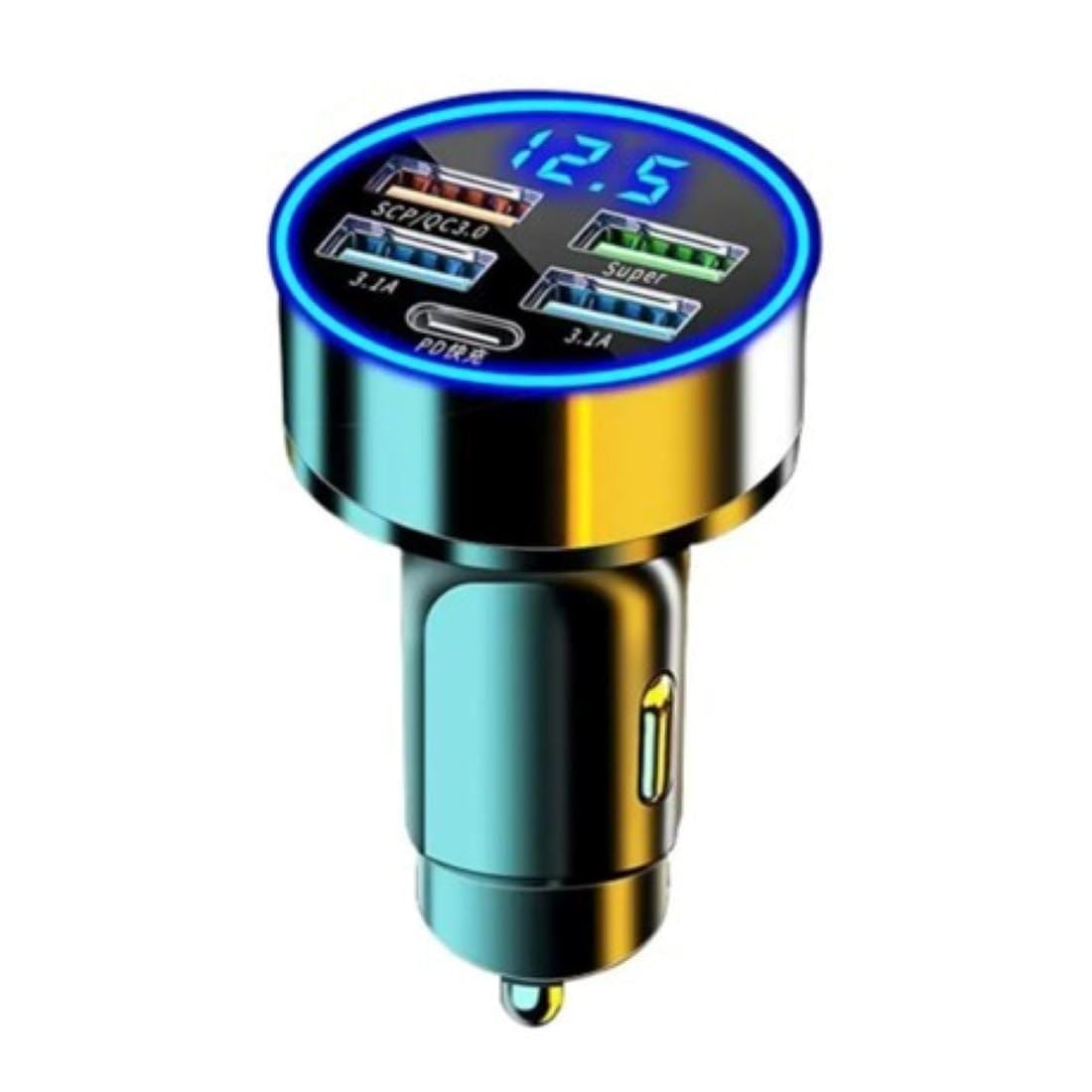 Car Charger 5 Port Cigarette Lighter USB Adapter LED Voltage Monitor (4USB+PD) Cigarette Lighter Adapter USB C Compatible with Android/iPhone and Tablets Devices