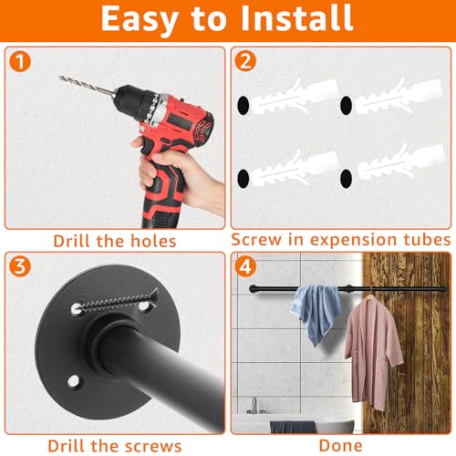 STARVAST Industrierohr Kleiderstangen,180cm Kleiderbügel für die Wand, Platzsparenders Wandregal Küchenregal mit 3 Basen, für Geschäft, Schwarz, 1-Pack