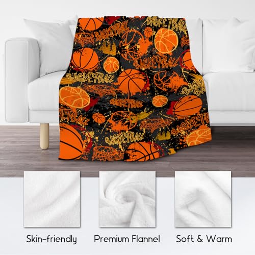 Basketball Blanket, Cozy Soft Throw Gifts for Boys, Cool Orange Flannel Throw Blankets for Couch Sofa, 40x50 Inches