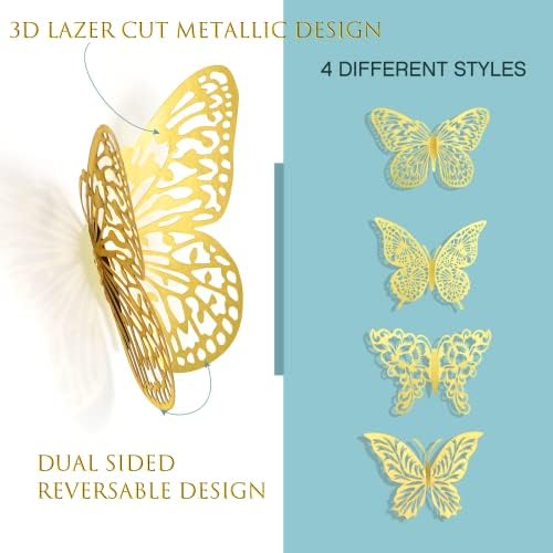3D Gold Butterfly Wall Decor 3 Sizes 4 Styles Butterfly Party Decorations Cake Decorations Removable Stickers Wall Decor Room Mural Metallic Kids (Gold, 48Pcs) - 2