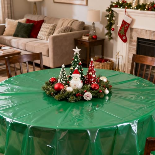 Image of CIEOVO 12 Pcs Christmas Plastic Tablecloths, Disposable Round Red Green Table Cover 84 Inch Waterproof Table Covers for Christmas Family Birthday Party Decorations