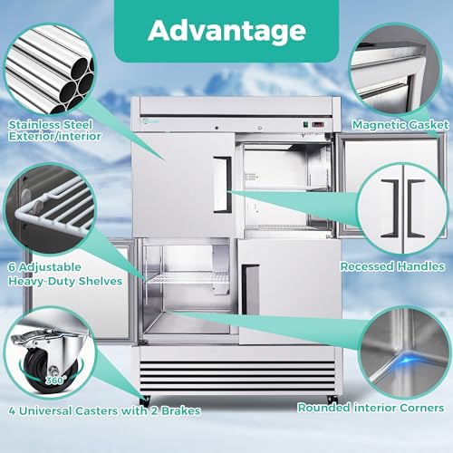Image of COOLCHEF 54 inch Commercial Refrigerator 49 Cu.Ft, Stainless Steel 4-Door Reach-in Fridge, 33-40℉, Air Cooling, LED Light, 6 Shelves, R290, ETL