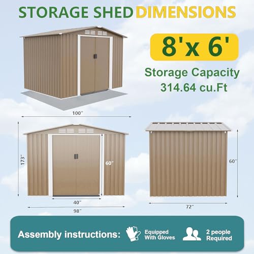 Gotland 8FT x 6FT Sheds & Outdoor Storage, Metal Storage Shed with Sloped Steps Waterproof Sloped Roof, 2 Lockable Slide Doors, Outdoor Shed for Backyard Patio Lawn Brown