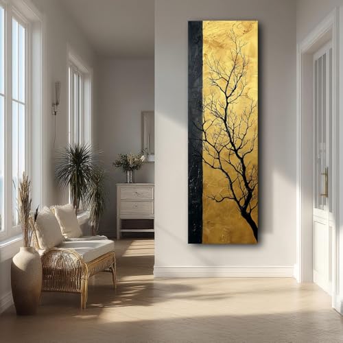 Toile minimaliste arbre noir et or pour habiller un grand mur vide