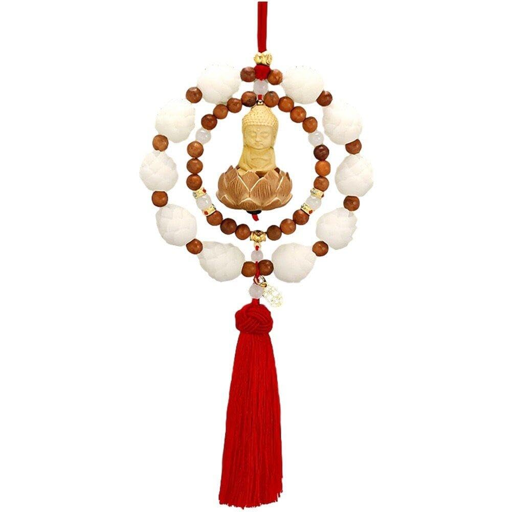 Pendentif voiture Bouddha en buis sculpté et perles de Bodhi