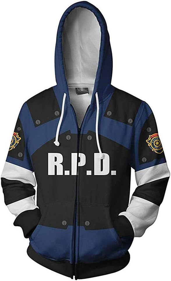 Leon Jacket Hoodie 3D Printed RPD Zip Up Hooded Pullover Sweatshirt Halloween Cosplay Costume (X-Large, Leon Hoodie)