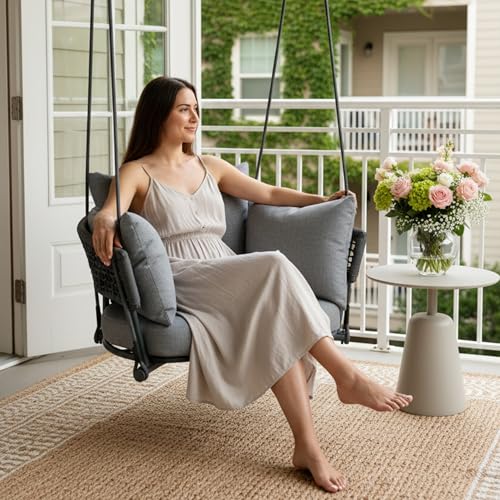 Image of Single Seater Porch Swing, Macrame Hanging Swing Chair Outdoor, Hammock Chairs for Adults, Outdoor Patio Swings with Cushions, Rope Rattan Hanging Chairs, Reading Nook Chair for Bedroom, Grey
