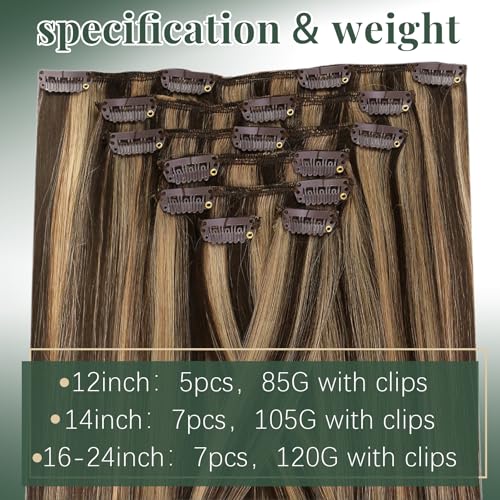 Image of Ugeat Clip in Extensions Human Hair Highlights 14 Inch 7pcs 105g | Hair Extensions Clip ins Real Human Hair , Quick Changes , Chocolate Brown Highlights Caramel Blonde