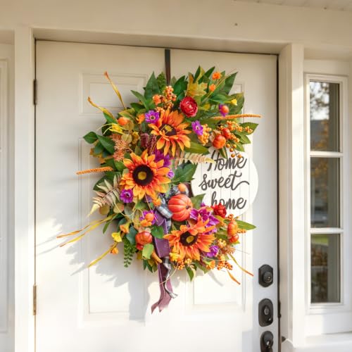 Image of 24 Inch Fall Wreaths for Front Door,Outdoor Autumn Wreath with Sunflowers