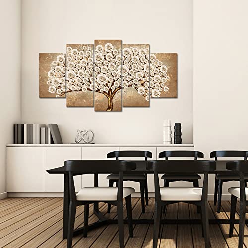 Ryounoart 5 Piece White Rose Painting Wall Art Vintage Gold Blooming Flower Tree Canvas Prints Large Framed Floral Pictures For Living Room Bedroom Wall Decor Ready To Hang #TOP2