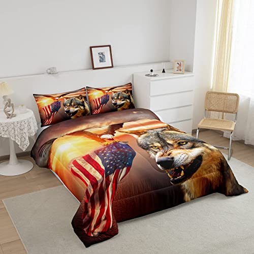 Manfei 3D Wolf Comforter Set King Size, Eagle And American Flag Print Quilt Set Animal Theme Bedding Comforters 3Pcs For Kids Boys Teens Room Decor, Sunset Landscape Duvet Insert With 2 Pillowcases #TOP1