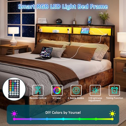 Image of King Size Bed Frame with 4 Storage Drawers, King Bed Frame,, Vintage Brown | LED Light, Charging Station, Wood Headboard, Metal Platform, No Box Spring Needed, Noise Free, Easy Assembly