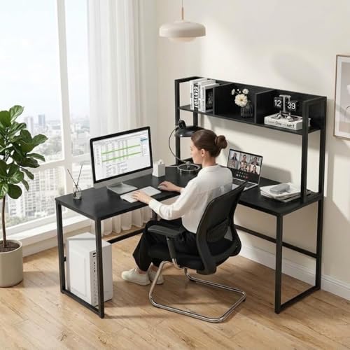 Image of Office Study Table Reversible L Shaped Corner Workstation Table for Home with Hutch Computer Desk with Storage Shelves & Bookshelf Black 140x50x150 CM