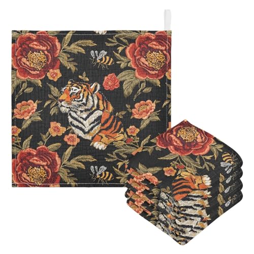 Image of vvfelixl Tiger Bee Flower Baby Burp Cloths Baby Muslin Washcloths for Boys Girls Cotton Babys Face Towel for Newborn Infants Soft and Absorbent 11.8 X 11.8 in, 5 Pack