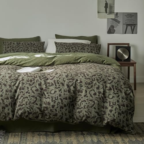 mixinni Funda de edredón de leopardo, tamaño individual XL, de algodón jacquard teñido de hilo de primera calidad con estampado de leopardo verde, juego de ropa de cama con 2 fundas de almohada,
