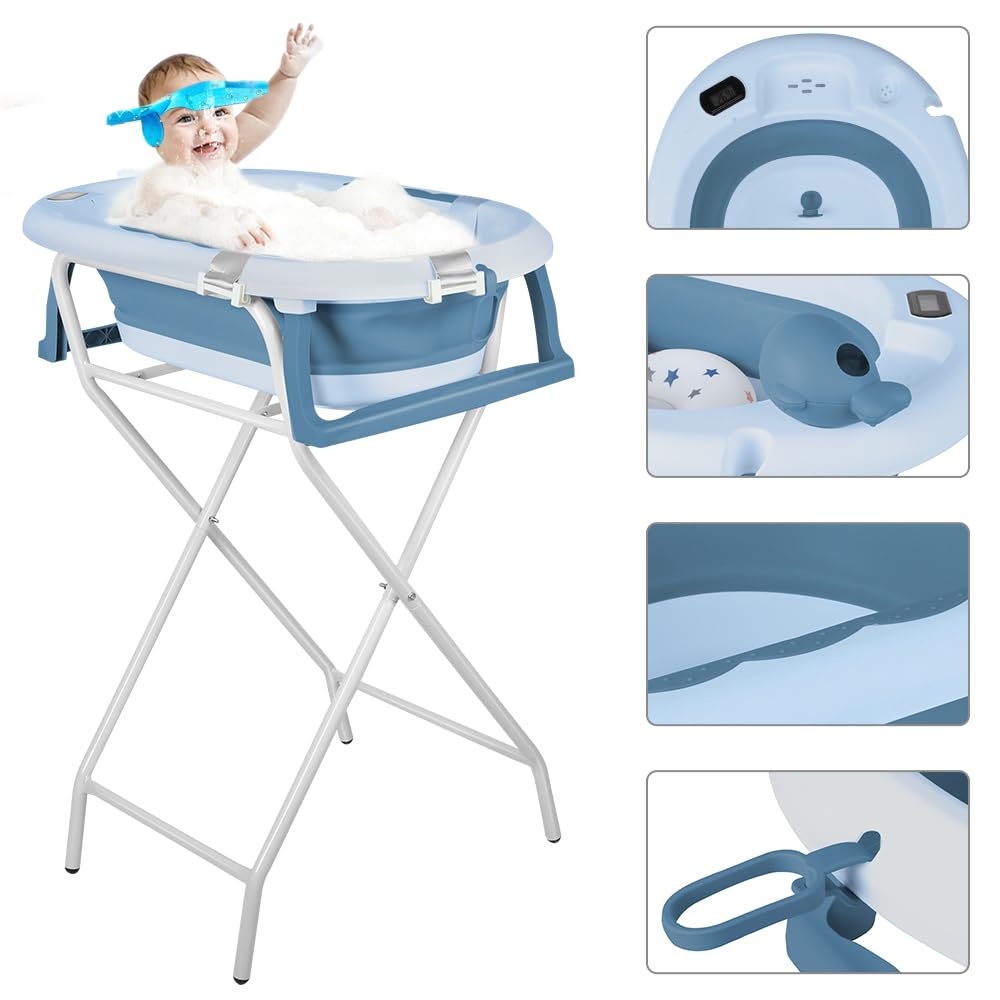 Faltbare Babybadewanne mit Gestell, Thermometer, Badekissen und Badekappe, Baby Badewanne mit Ablaufsystem, PP und TPE Material (Blau, 55x40x90 cm)