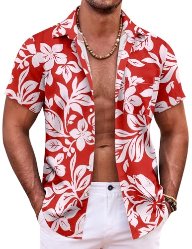 COOFANDY Herren Hemd Sommer Hawaiihemd Kurzarm Freizeit Blumen Funky Hippie Herrenhemd A-rot-weiße Blumen XL