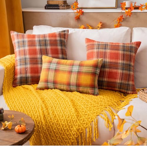 AQOTHES Fall Plaid Orange Throw Pillow Covers 18x18 Inch, Set of 2 Autumn Decorative Throw Pillows for Couch Sofa Bed Living Room Home Decor, Accent Pillow Cases for Farmhouse Couch Cushion Covers