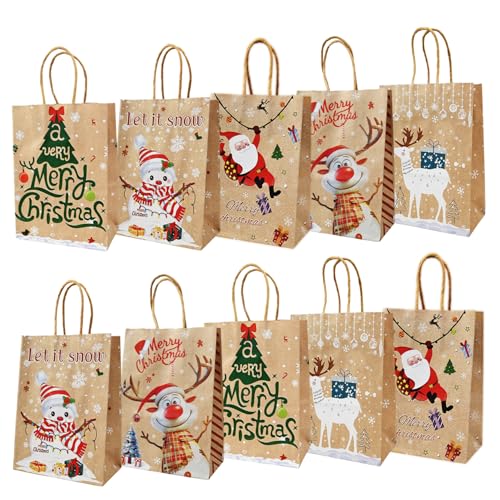 10 Pcs Christmas Kraft Gift Bags 150x80x210mm Xmas Small Gift Bags 5 Styles Paper Present Treat Candy Bags with Handles for Family Friends Kids Christmas Party Supplies