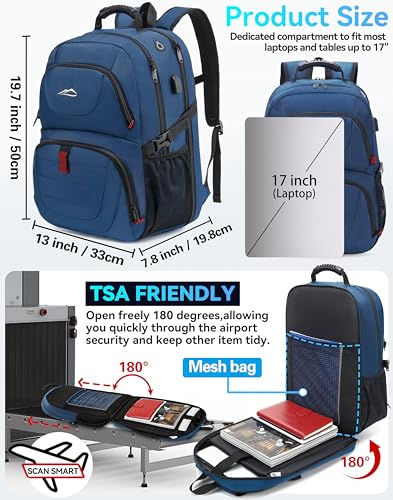 ProEtrade Travel Backpack, Extra Large Laptop Backpack Business Anti Theft TSA Approved College Work Computer Bag Fits 17 Inch Laptop with USB Charging Port for Women Men(Blue) - Image 2