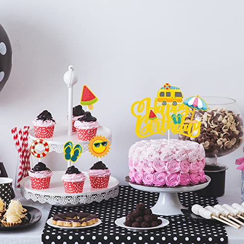 Summer Beach Happy Birthday Cake And Cupcake Toppers, Pool Party Decorations, Swimming Theme Happy Birthday Cupcake Topper,Wedding Baby Shower Birthday Party Supplies .5 Pieces #TOP5