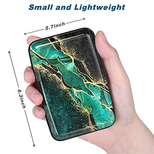 Image of Credit Card Holder, Mini Aluminum Card Wallet RFID Blocking Slim Metal Hard Card Case for Women Men, Green Black Marble