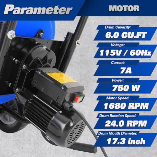 Image of BILT HARD 6 Cu.Ft Electric Cement Mixer, 1 HP Heavy Duty Poly Drum Concrete Mixer Portable for Mortar Stucco Fodder Farm and Job Site