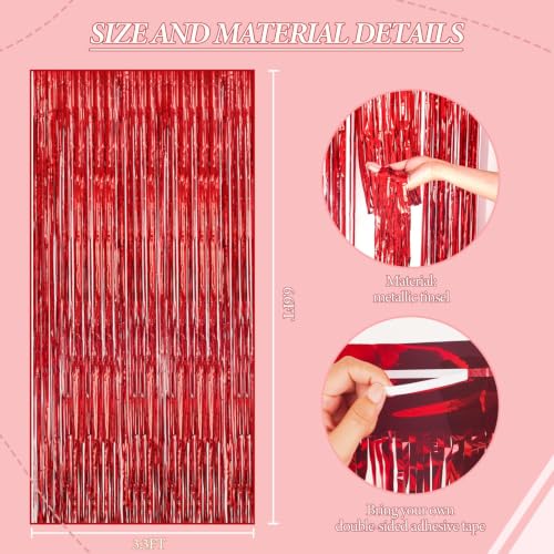 Image of DECOCKRAT 2 Pack Foil Fringe Backdrop - Red Shiny Tinsel Curtains for Party Decoration /Photo Booth Props - 3.3x6.6 FT Metallic Foil Backdrop for Birthday, Wedding, Graduation, Christmas.