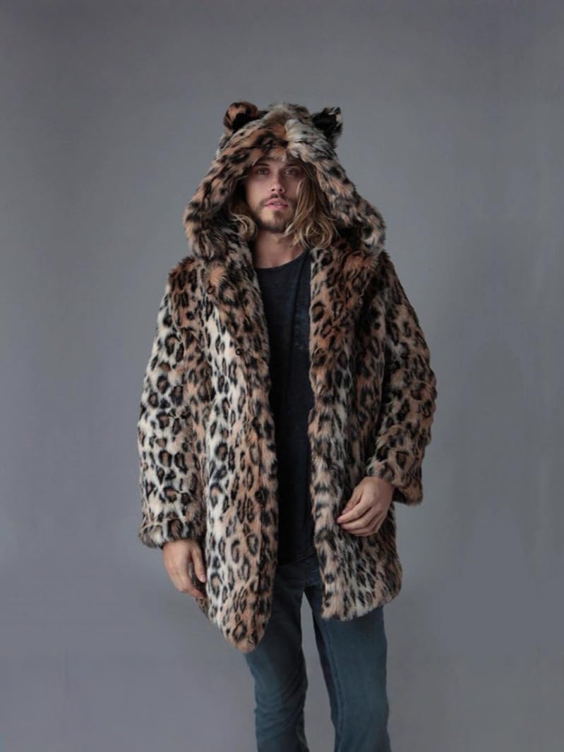 [TRVELBETT] 豹柄 ファーコート メンズ 男性 上着 ヒョウ柄 秋冬アウター ウサギ耳 フェイクファー 上品 暖かい ゆっ