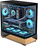 KEDIERS PC CASE ATX 5 PWM ARGB Fans Pre-Installed, Type-C Mid Tower Computer Case with Full-View Dual Tempered Glass, Printed Walnut Wood Panels,Support 360mm Radiator,Gaming PC Case,Black,new P6