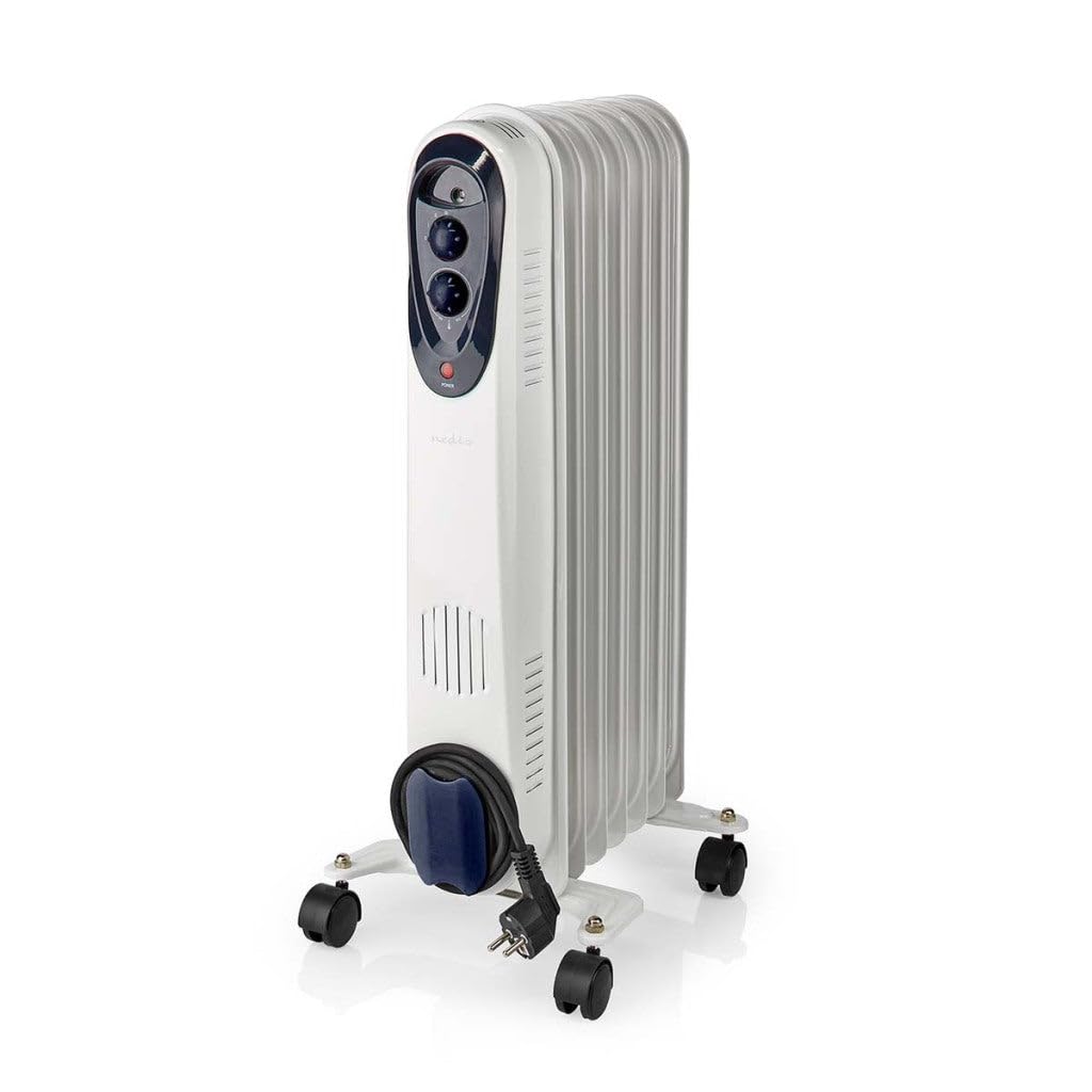 NEDIS HTOI30WT7 Mobiler Öl Radiator | 600/900 / 1500 W | 7 Fins | Verstellbares Thermostat | 3 Wärmeeinstellungen | Stolperschutz | Weiss