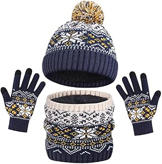 Boys Hat Scarf and Gloves Set - Girls Kids Hat and Gloves Set 3pcs Winter Thermal Knitted Beanie Cap & Circle Scarf & Magic Gloves with Fleece Lining Snow Pattern for Children Warm 5-10 Years Old