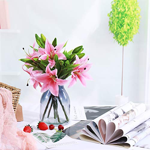 Jedaw Artificial Flowers Tiger Lily Real Touch Fake Flowers For Wedding Home Party Garden Shop Office Decoration Plastic Lily 5 Bouquets Faux Flowers. (Dark Pink) #TOP4