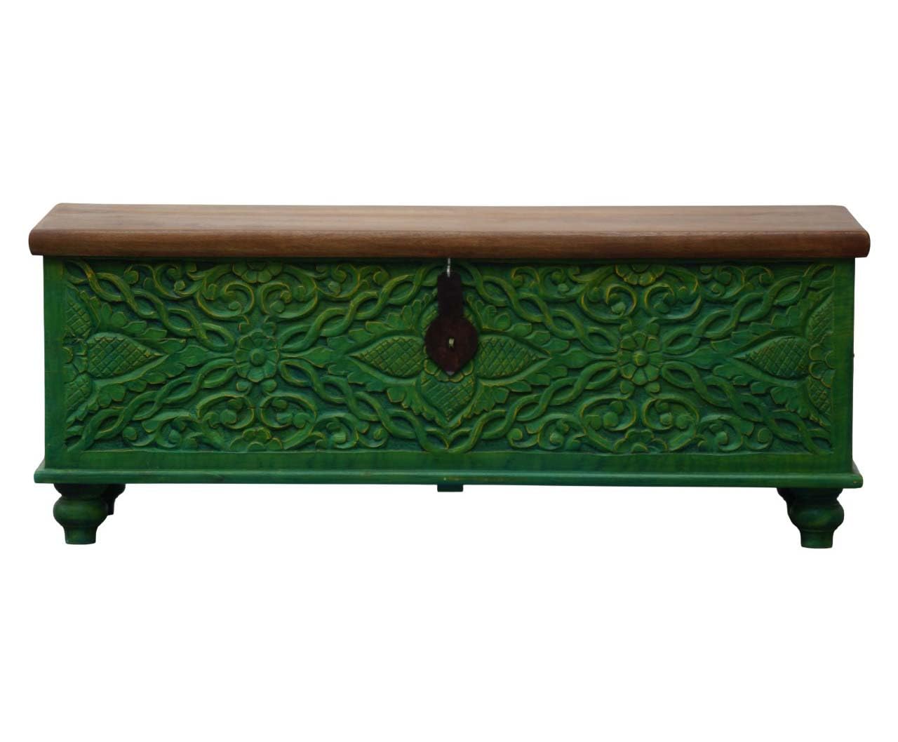 Wooden Storage Trunk, Wooden Carved Trunk, Coffee Table for Living Room, Center Table with Storage, Deccorative Box, Blanket Box for Bedroom, Floral Carved Design, Green Wash Finish.-picture-32