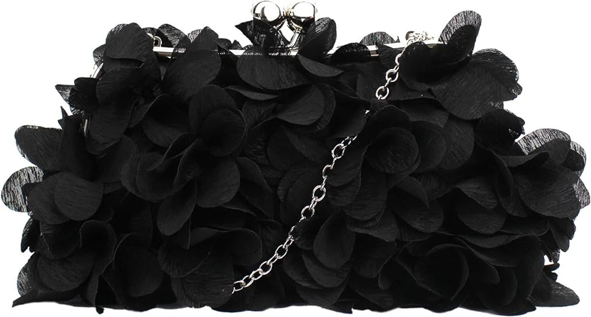 Fioeyr Women's Satin Flowers Evening Clutch Elegant Party Prom Wedding Evening Handbag Purse Chain Crossbody Shoulder Bag