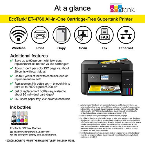 Epson Ecotank Et-4760 Wireless Color All-In-One Cartridge-Free Supertank Printer With Scanner, Copier, Fax, Adf And Ethernet - Black #TOP3