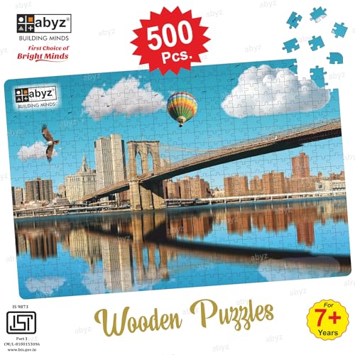 Image of ABYZ Wooden Jigsaw Puzzle - Manhattan Financial District with Skyscrapers and The Brooklyn Bridge Playset for Little Explorers - 500-Pieces | Birthday Gift for (7 Plus Years) Age Kids.