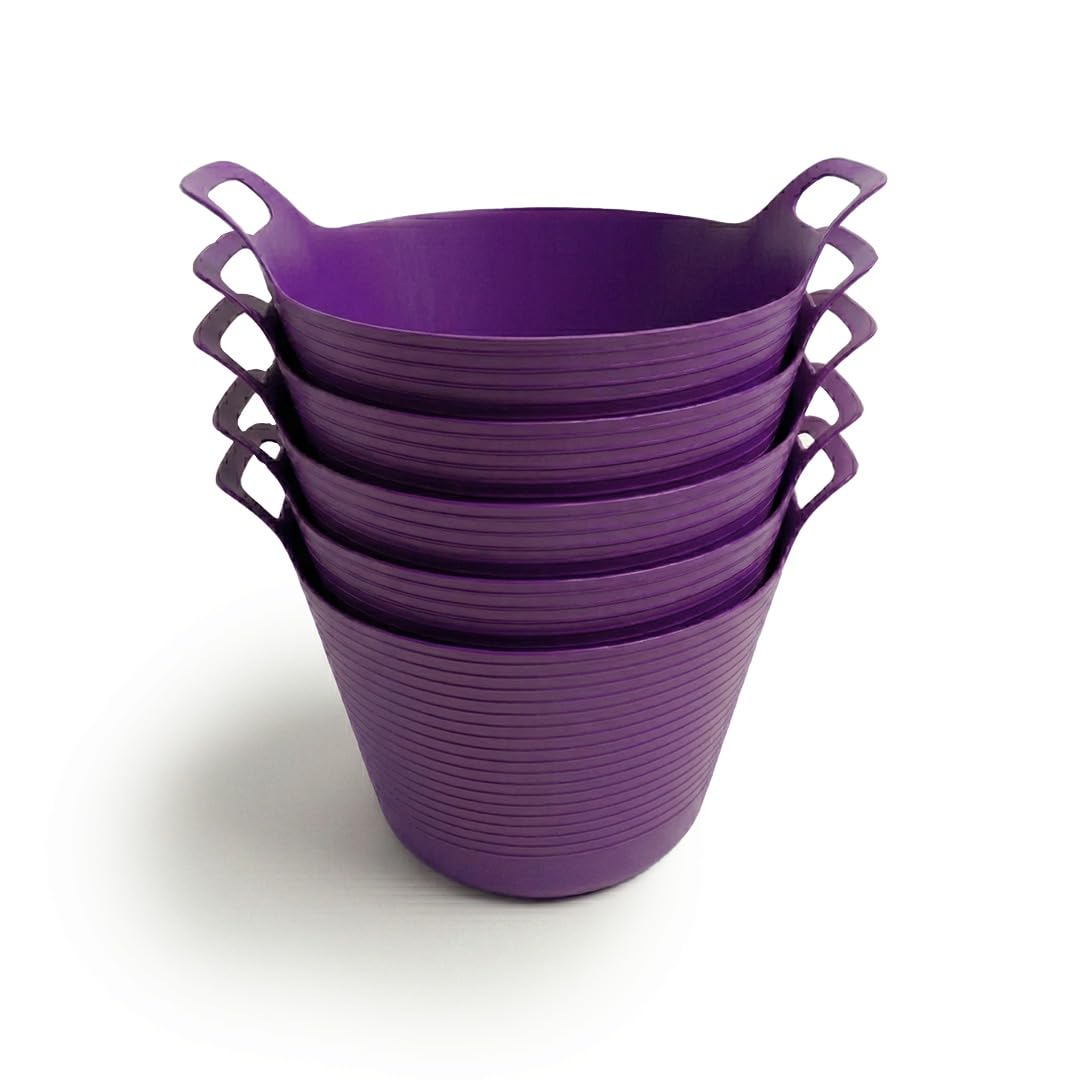 Organized Purple Flexi Tub Set Of 5, 40L Large Heavy Duty Flexible Bucket, Multi-Purpose Garden, Builder And Storage Container (Purple)