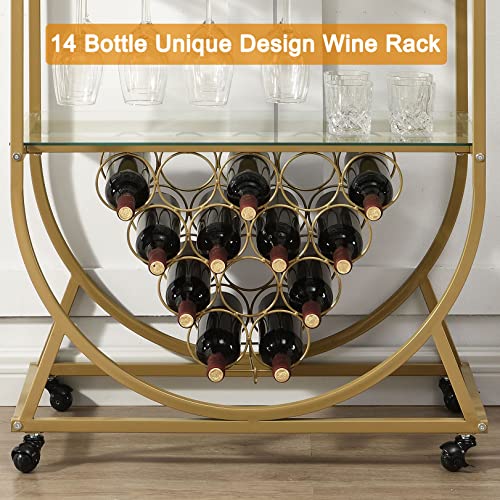O&K Furniture Glass Bar Cart With Wine Rack, Bar Serving Cart On Wheels, Kitchen Storage Cart For The Home, Gold #TOP4