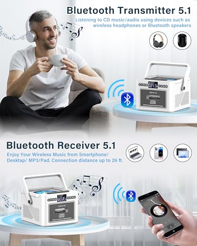 Image of Sunoony Boombox Cassette CD Player Combo with Bluetooth, 5000mAh Battery | Rechargeable Cd and Cassette Player for Home /Kids /Gift,FM Radio /Remote Control /Tape Recording /AUX /TF /USB /Earphone Jack(White)