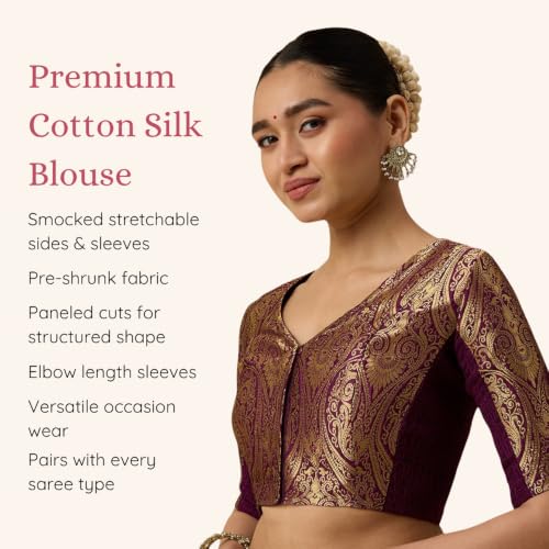 Image of Studio Shringaar Women's Brocade Side Stretch (Smocked) Readymade Saree Blouse