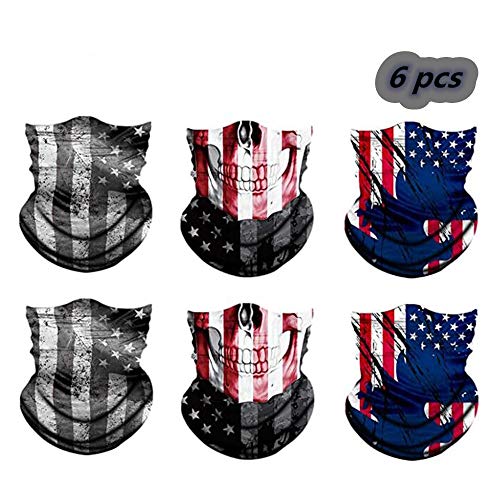 6 Pcs American Flag Face Mask Seamless UV Protection Neck Gaiter, Headwear, Magic Scarf, Bandanas, Headband-Multifunctional Microfiber Bandana for Riding Cycling Yoga Fishing Outdoor Gray