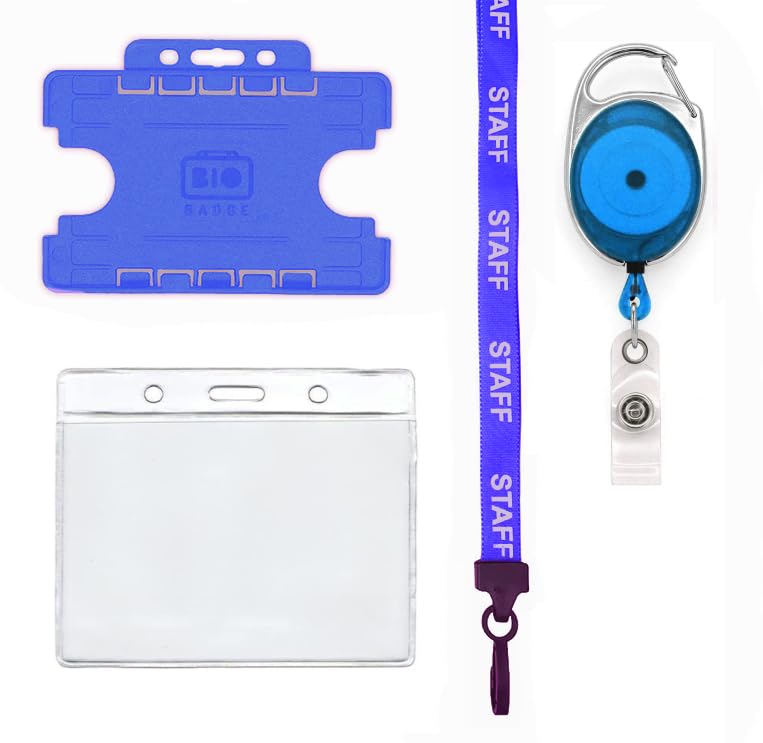 Complete 4 Piece Staff ID Badge Set PCL Media ltd Includes Staff Lanyard, Retractable Badge Reel, & Badge Pocket & Bio Double Sided ID Card Badge Holder (Staff Blue)